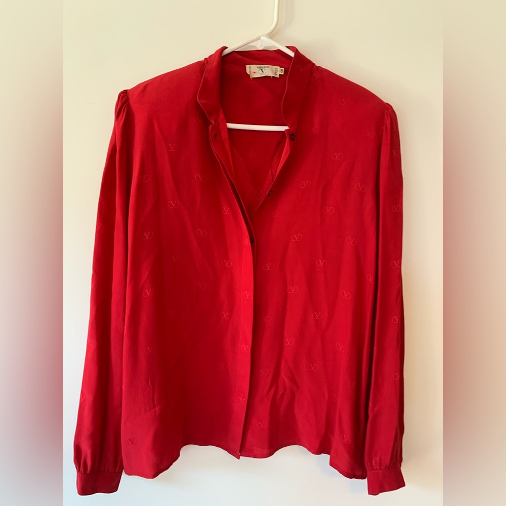 Valentino vintage logo silk blouse made in Italy 100% silk 1970s long sleeve red